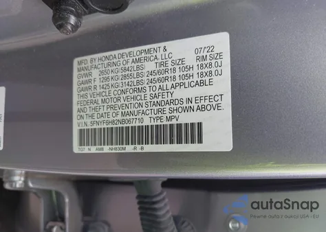 2022 Honda Pilot Awd Trailsport из США, поврежденный, VIN 5FNYF6H82NB067710